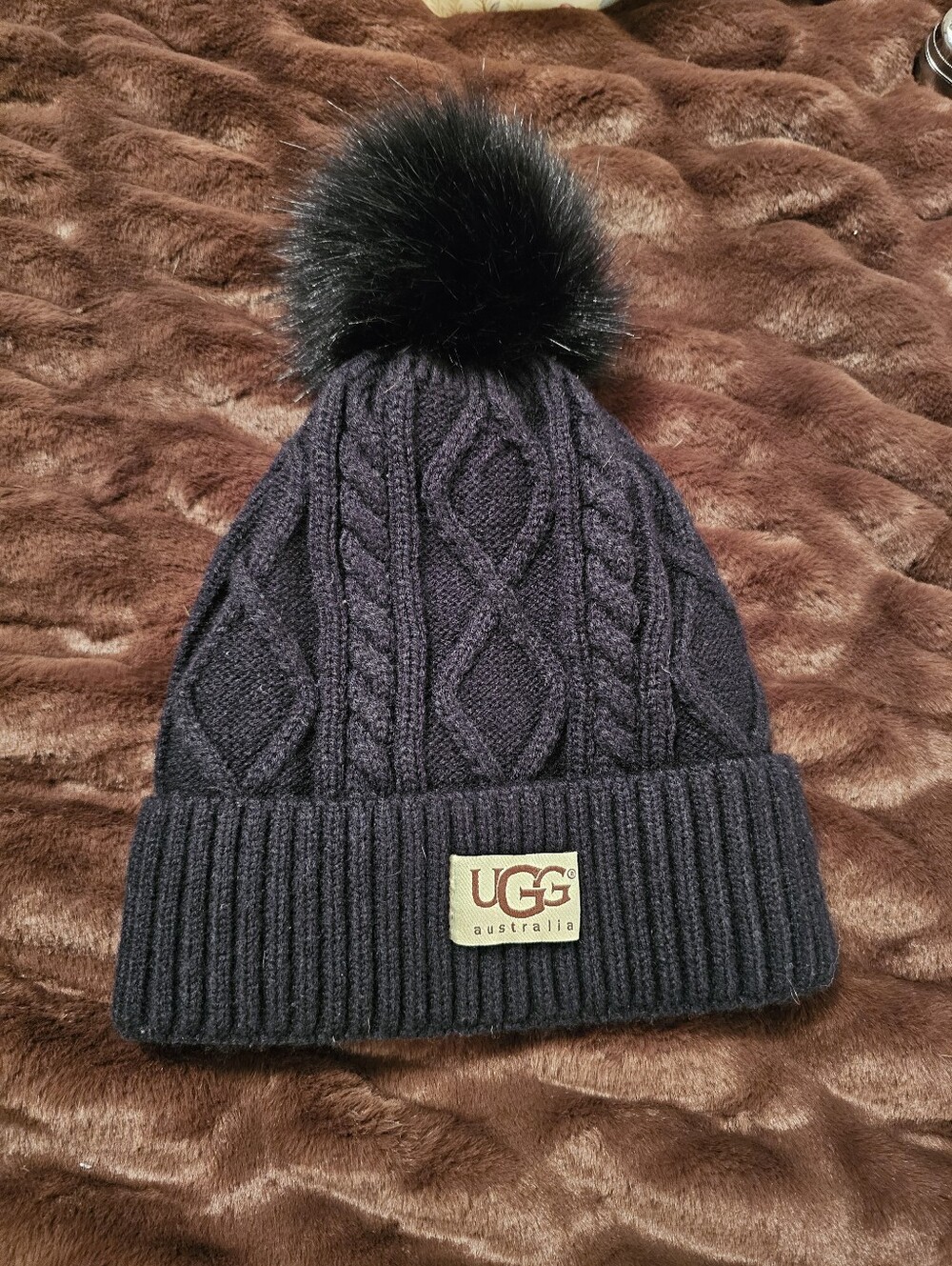 UGG Black Cable Knit Pom Beanie
